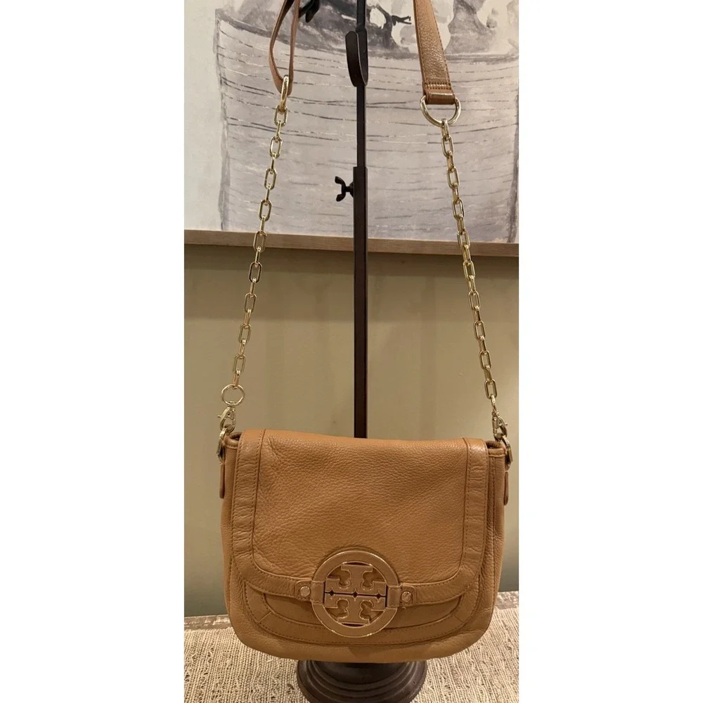 TORY BURCH Amanda British Tan Leather Crossbody Bag with Detachable Chain Strap - Picture 7 of 16